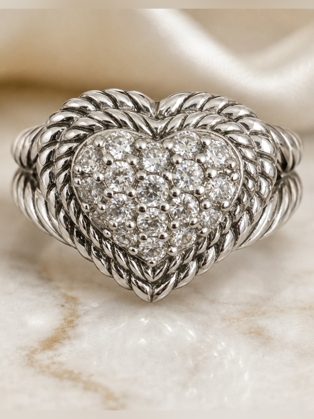 Judith Ripka 925 Sterling Silver CZ Pavé Heart Ring Size 7 10g